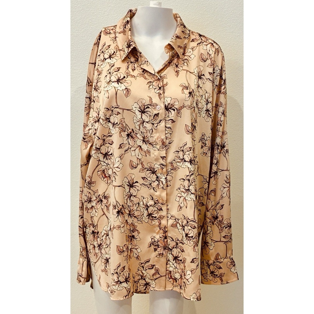 Karl Lagerfeld Floral Satin Button Up Blouse Womens‎ XL Pink Office Flowy Preppy